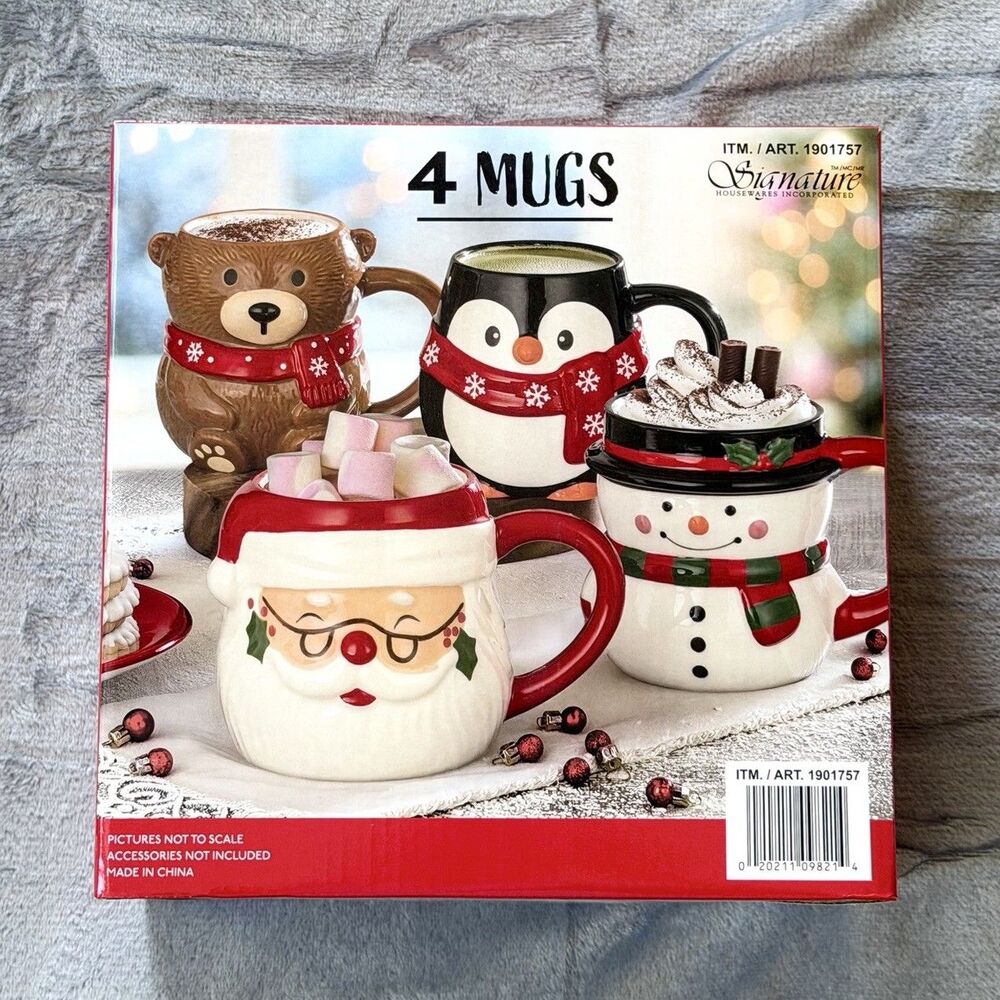 Signature Housewares Christmas Mugs Stoneware 4-Piece Set NEW IN BOX